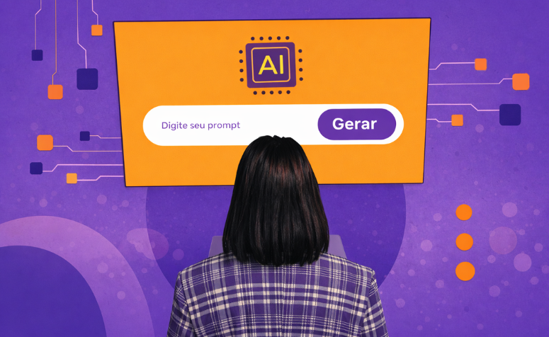 Impacto da inteligência artificial no SEO com gráficos e ícones de ferramentas digitais