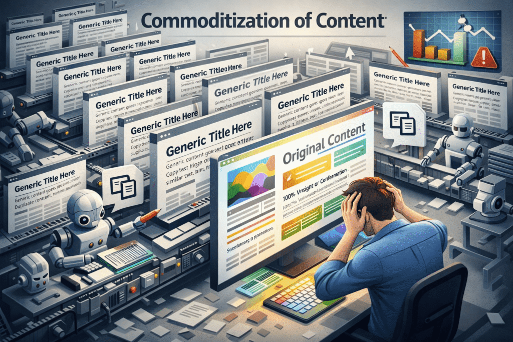 Imagem representativa sobre a comoditização do conteúdo no SEO, mostrando a degradação da qualidade nos sites